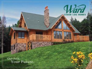 Cedar log home with stone foundation and large windows featured on the cover of the Ward Planning Guide.