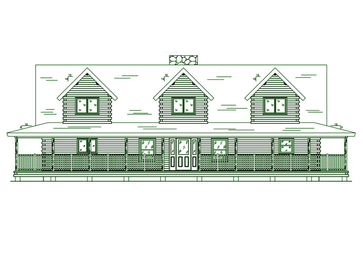 Front view of a log home with three dormers and a porch