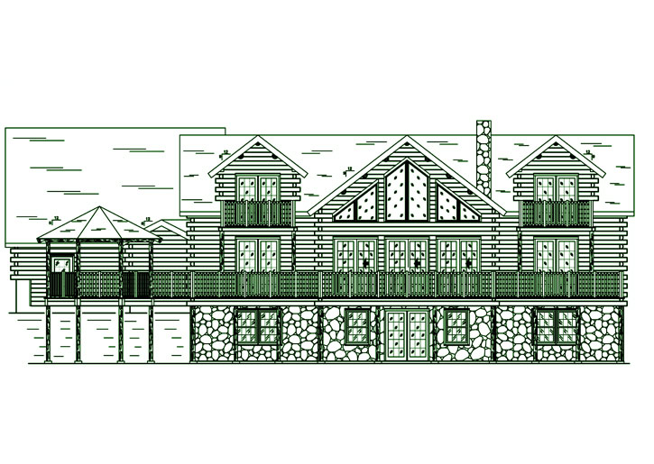 Front view of 5288 cedar log home with stone foundation.