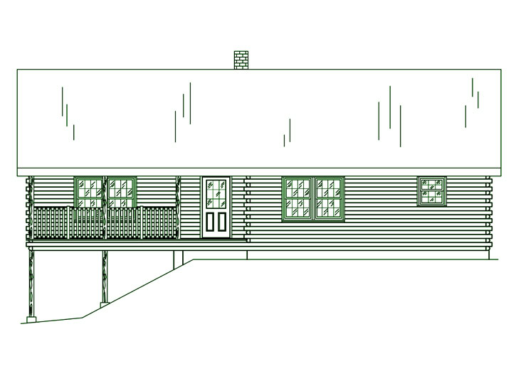 Illustration of a log home with a porch and chimney