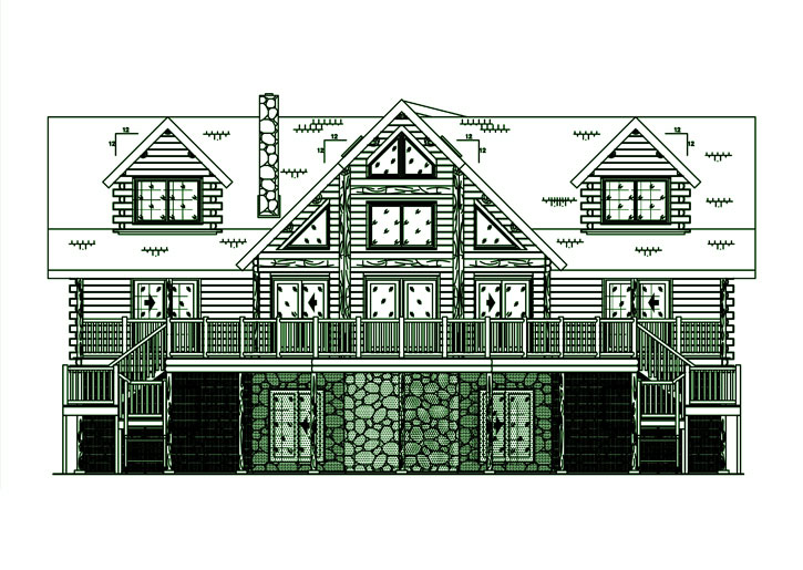 Illustration of a large log home with multiple windows and a stone foundation.