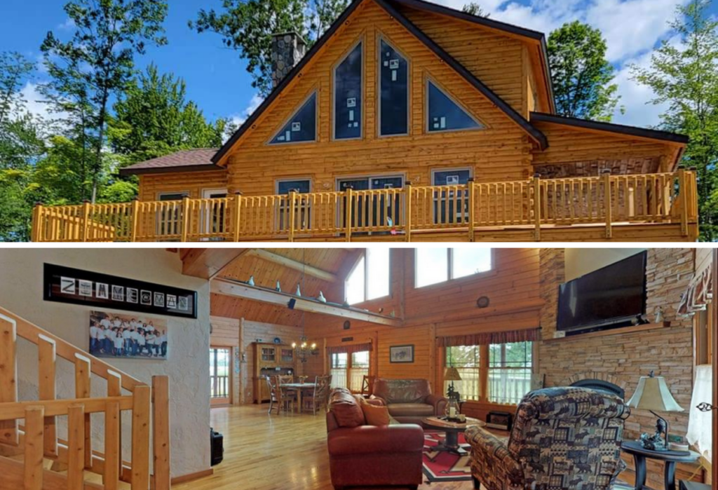 Wooden log home with large windows and cozy interior living space.